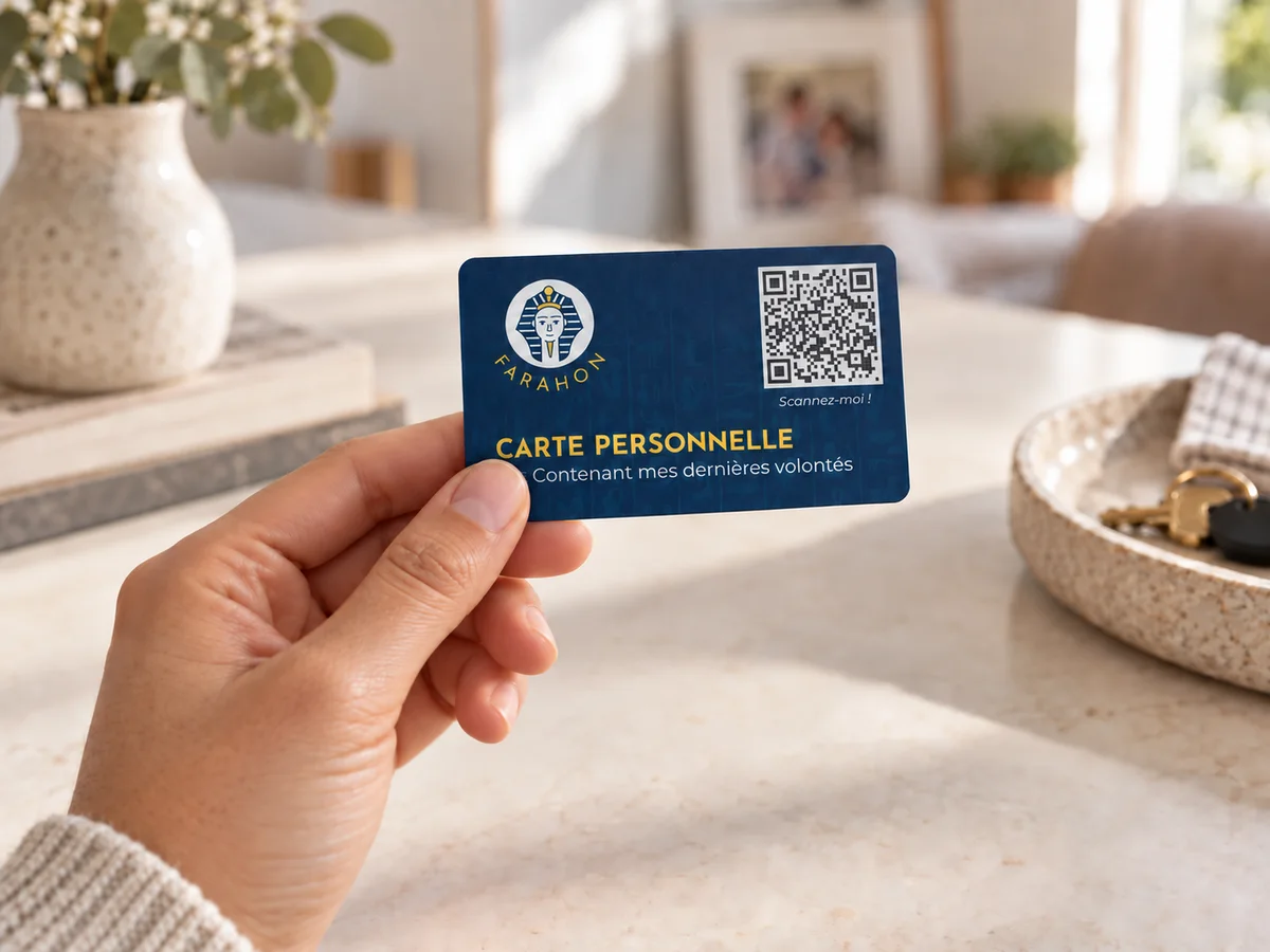 Une carte d'urgence tenue à la main dans un intérieur familial