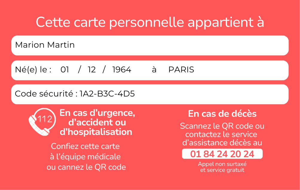 Verso de la carte d'urgence SOS CARD ME